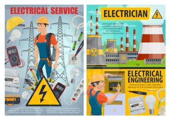 Electrical service and engineering vector design of electrician with electric tools and equipment. Power wire, tester and light bulbs, electricity meter, cable and battery, nuclear power plant, poles