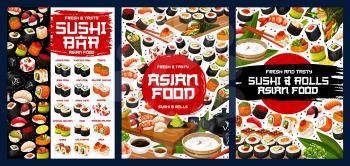 Sushi menu of Japanese cuisine restaurant rolls, nigiri and temaki sushi, Asian food vector design. Rice, fish and seafood maki, salmon, tuna and shrimp gunkan, seaweed and caviar uramaki with sauces