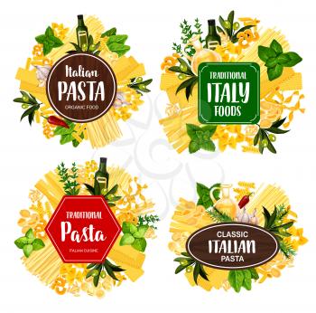 Italian pasta food vector icons with spaghetti, spices, herbs and macaroni. Penne, fusilli and farfalle, conchiglie, fettuccine and lasagna, noodle, olive oil and basil, garlic, rosemary and thyme