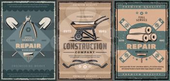 Construction company and repair service retro design with building work tools. Vector wheelbarrow, shovel and spade, spatula, rulers and wallpaper rolls, pliers, cutters, screws and claw bars