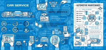 Auto service, car repair and vehicle maintenance vector design. Motor engine oil, wheel tire and battery, piston, spark plugs and brake diagnostics, spare parts replacement thin line posters