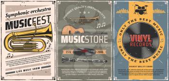 Musical instruments and vinyl records retro posters of music store or live concert design. Vector guitar, drum set and trumpet, tuba, clarinet, musical notes and equalizer sound waves