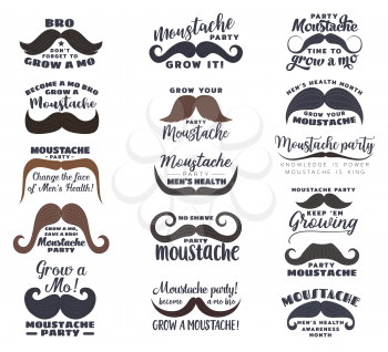Moustache vector icons, men health month, prostate and testicular cancer awareness themes. Black and brown mustaches with Grown Mo Save Bro, No Shave Party and Change the Face lettering quotes
