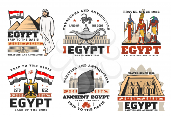 Egypt vector icons with ancient travel landmarks. Egyptian pharaoh pyramids of Giza, eye of Horus, Anubis and Ankh gods, Cairo mosque and Abu Simbel temple with flag and heraldic eagle of Egypt