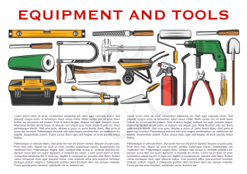 Repair tools and house construction equipment vector design of home building instruments. Hammer, drill and shovel, paint roller, wheelbarrow and trowel, axe, toolbox and ruler, tile cutter, knife