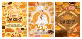 Bakery shop food vector design with baker, bread and sweet pastry. Wheat baguettes, rye bread and croissant, cake, donut and bun, cupcake, cookie and toast with chef hat and cereal ears