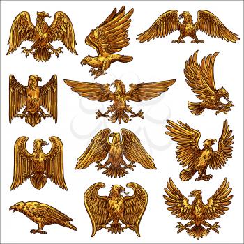 Golden heraldic eagle icons with vector birds of prey, falcon and hawks. Eagles flying and standing with raised and spread wings, gold feathers, claws and tails, royal coat of arms, falconry symbols