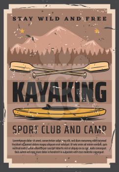 Kayak sport club and camp retro design of vector canoe boat and paddles with river, mountains and forest trees landscape on background. Rafting, kayaking and canoeing, outdoor adventure themes