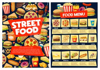Fast food restaurant vector menu with burger sandwiches, drinks and desserts. Pizza, hamburger and soda, hot dog, fries and coffee, cheeseburger, mexican tacos and burritos price list template