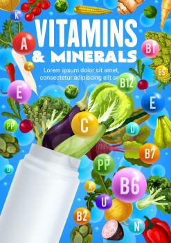 Vitamins and minerals of fresh vegetables vector design with health food nutrition benefits. Pepper, tomato and broccoli, onion, carrot and corn veggies with blank plastic bottle of multivitamins