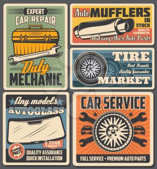Car service and auto repair vector posters with spare parts and vehicle mechanic toolbox. Automobile wheels, tires and spanners, wrenches, autoglasses and exhaust pipe retro design