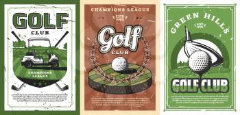 Golf sport course with vector balls, clubs and tee, green grass field, cart and hole retro design. Sporting competition, golf club and leisure activity design