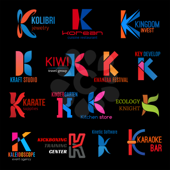 Letter K corporate identity icons and business company emblems. Vector K signs jewelry shop, craft studio or invest group and karaoke bar, kickboxing sport center or event agency and kitchen store