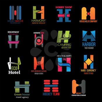 Letter H symbols and corporate identity icons of car insurance, hardware store or fish market and hotel. Vector H of business invest group and hockey sport team or travel agency and technology service