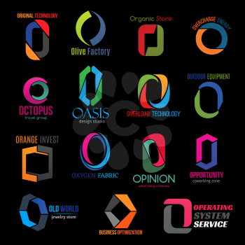 O letter icons of technology, business and commerce industry. Organic store, travel group or coworking service and jewelry store, design studio or food factory and advertising company vector O symbols