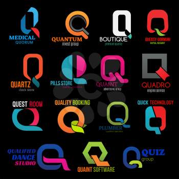 Letter Q vector icons or corporate business identity and company brand. Q icons of medical quorum, invest and trade group or premium boutique and hotel resort, dance sport studio or booking service