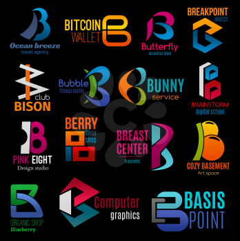 B icons, corporate brand identity signs and business company symbols. Vector B letters of travel agency, breast diagnostic center or digital technology school, computer graphic studio and organic shop