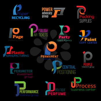 P letter icons of corporate identity and business company symbols. Vector letter P signs of paper recycling factory, advocacy lawyer group or plastic manufacturing store and social network application