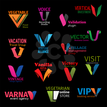 Corporate identity V letter icons and symbols of business company. Vector V of voice recording studio, travel agency or investment commercial group and vegetarian online store