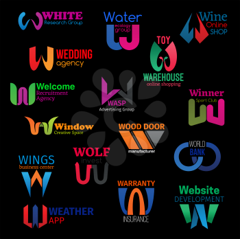 W letter icons and corporate identity symbols of wine online shop, wedding agency and wood door manufacturer. Vector W of recruitment company, weather app or business center and warehouse shop