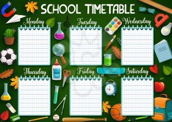 School timetable, stationery items and days of week, spare lines to write notes. Vector backpack and magnifier, chemical flasks, rulers. Football and volleyball ball, compass divider and exercise book