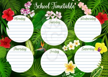 School timetable, student classes week schedule on tropical exotic leaf and floral pattern background. Vector school timetable template with green tropic palm leaf and exotic flowers