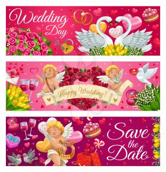 Wedding day and save the date congrats, happy engagement symbols of love. Vector couple of swans and doves, naked cupids and glasses of wine and cakes. Roses, tulips, lily of the valley flowers