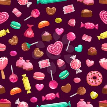 Valentine day pattern of heart candies and pink sweet cakes. Vector Valentine love and birthday seamless background of heart lollipop, macaron and cherry cupcake, donut and caramel in wrapper pattern