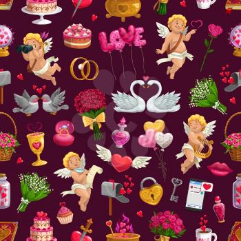 Valentines day seamless pattern with holiday attributes. Vector cupid with bow, binoculars and harp, wedding rings and flower bouquets. February 14 messages and congrats, padlock and air balloons