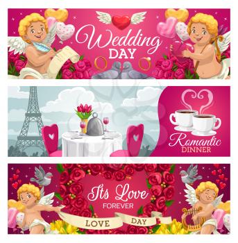 Wedding day, romantic dinner and forever love congratulation cards. Vector cupids and doves celebrating engagement, dining table in Paris. Heart shape wreath of rose flowers, bouquets of tulips