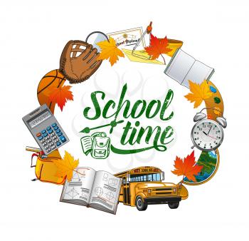 Back to school grunge inscription, frame of studying items. Vector 1st September banner, autumn leaves and compass divider, open book. Clock and paintings, globe, school bus and calculator, sport ball