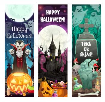 Halloween horror night trick or treating vector banners. Ghosts, pumpkins and bats, spooky vampire, zombie hand and creepy skeleton skull with haunted house, cemetery and full moon on background