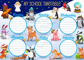 My school timetable with winter cartoon characters on snowy landscape. Vector bear with candy, angel and penguin, rabbit and fox, deer and toy horse. Squirrel and hedgehog, panda with badger