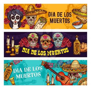 Dia de los Muertos Mexican traditional holiday or Day of Dead. Vector Dia de Muertos sketch banners of traditional celebration symbols, face tattoo calavera skull, sombrero or tequila with bread pan