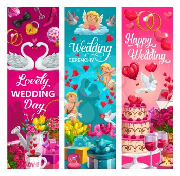 Lovely wedding day, engagement ceremony greetings with holiday cakes, bride and groom. Vector flower bouquets, doves and cupid with heart, arrow and bow. Gifts, wine and coffee drinks, love and swans