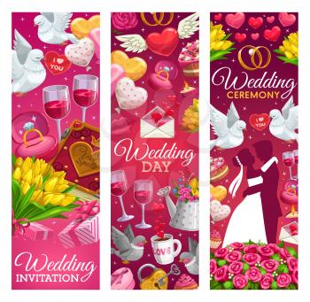 Wedding day invitation calligraphy, marriage ceremony banners. Vector bride and bridegroom with wedding ring, doves with Save the Date love message and heart balloons, roses flowers and gifts