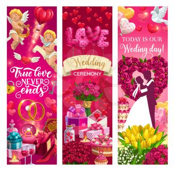 Bride and groom on wedding ceremony, true love never ends quote. Vector marriage holiday, love symbols cupids, rings and hearts. Flower bouquets, engagement fest and gifts, flying doves, man and woman