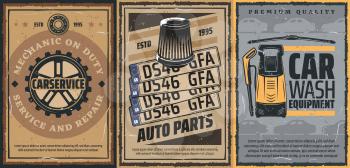 Car service, auto spare parts and car wash equipment retro posters. Vector vehicle gear wheel, bearing and auto number plates, air filter, windscreen wipers and high pressure water spray machine