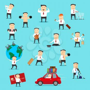 Businessman, office worker or manager vector cartoon characters traveling and begging for money. Man doing shopping, exercises and housework, carrying credit card and polluted earth globe