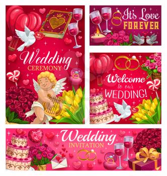 Welcome to our wedding, love forever and save the date party invitations. Vector flower bouquets and sweet cakes desserts, wine in glasses and engagement ring. Cupid and book love spells, flying dove