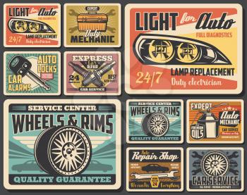 Car service and auto repair shop spare parts, vehicle wheel tire and rims retro posters. Vector motor oil, spanner and wrench, mechanic toolbox, spark plugs, car alarm remote control key and headlight