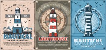 Lighthouse and vintage nautical compass vector posters of sea travel and marine adventure design. Sailing ship or boat navigation beacons with striped safety towers, yacht rope, waves and seagulls