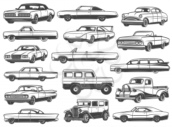 Retro car and vintage auto vector icons. Old motor vehicle transport monochrome symbols of coupe, sedan and cabriolet, wagon, sport and crossover car, pickup, hatchback and mini track models