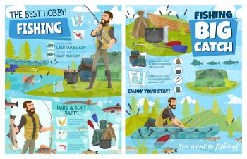 Fishing sport equipment, fisherman baits and tackle vector design. Fisher or angler with fishing rod, boat and fish catch, hook and lure, salmon, cod and perch, carp, trout and pike, tent and backpack