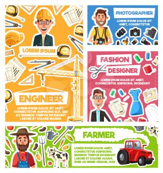 Professions and occupations of building engineer, farmer, photographer and fashion designer vector design. Man workers of construction, craft and agriculture industry with work tool and equipment