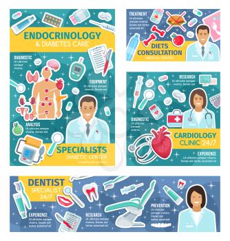 Dentistry, cardiology, endocrinology hospital and diet clinic doctors vector design with pills, syringe and stethoscope, tooth, heart and brain, thyroid gland, thymus and diagnostic tools. Healthcare
