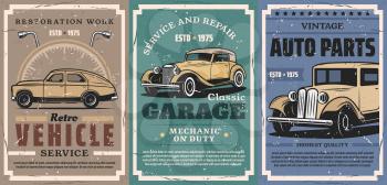 Vintage car repair service and auto vehicle spare parts vector posters. Retro cars with mechanic garage work tools, wrench, spanner and speedometer, automobile tuning and restoration workshop design