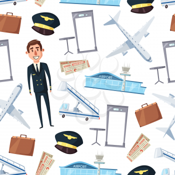 Pilot, plane and airport vector seamless pattern. Airline crew captain with airplanes, aviation hats or caps, air transport tickets, security gates and passenger boarding stairs background design