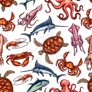 Seafood and fish seamless pattern of vector marine animals background. Octopus, crab and blue marlin, salmon, shrimp and tuna, squid, lobster, sea turtle and prawn sketches. Sea wildlife themes