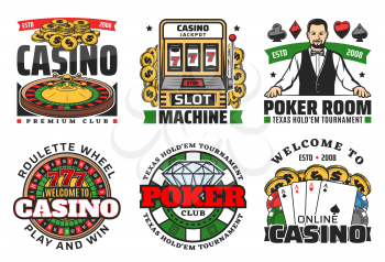 Casino roulette, poker gambling game and slot machine vector icons. Casino dice, chips and blackjack playing cards, fortune wheel, 777 jackpot and money, coins and croupier. Online casino retro design